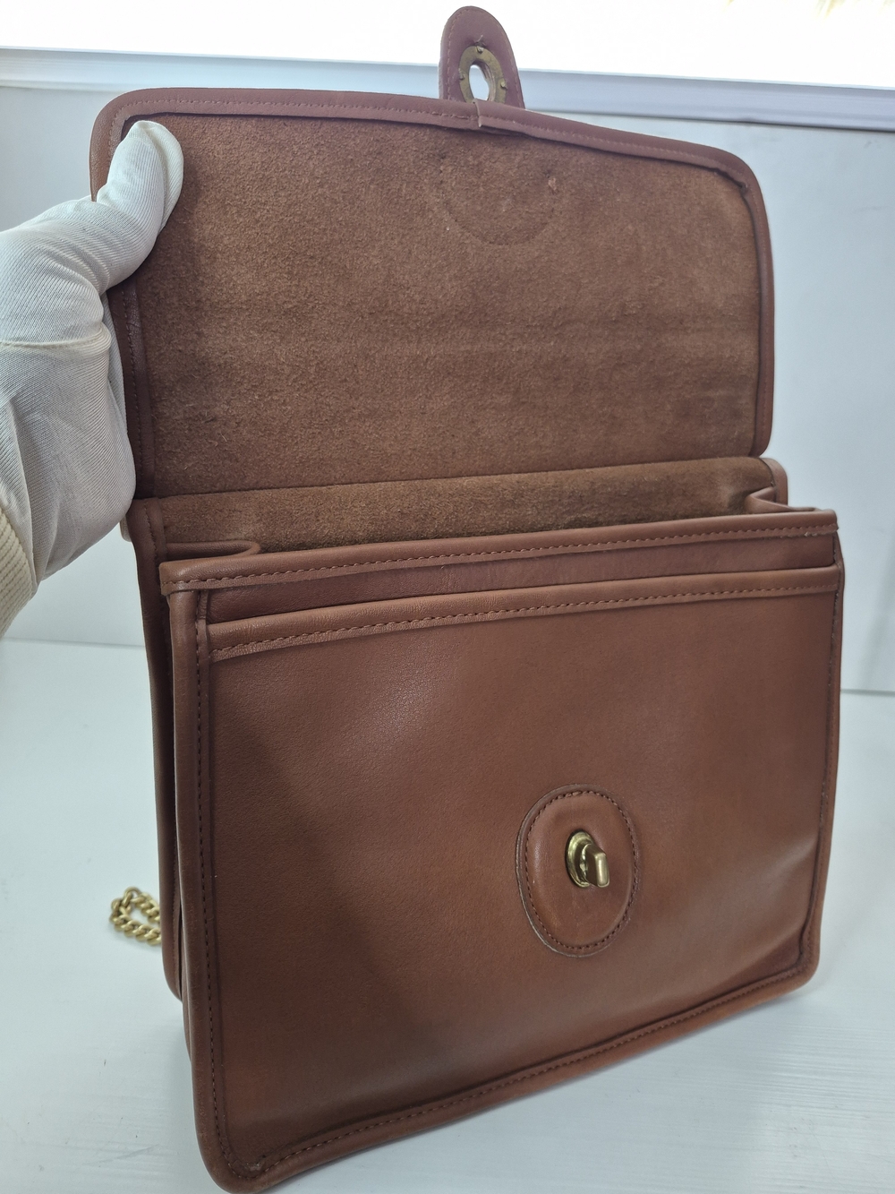 Coach Brown Leather Top-Handle Satchel with Gold Chain Strap - Picture 6 of 9
